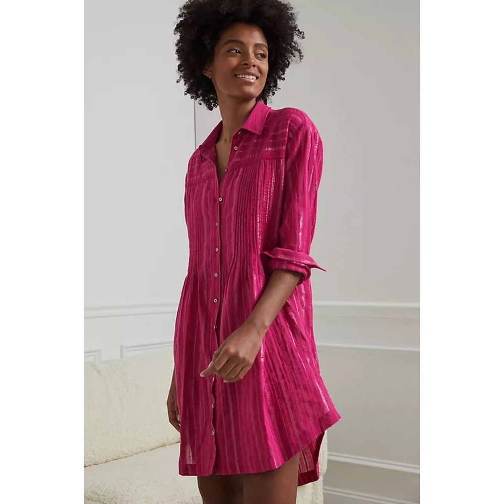 Anthropologie Weekender Shirt Dress Pink Vertical Metallic Stripes Size Medium